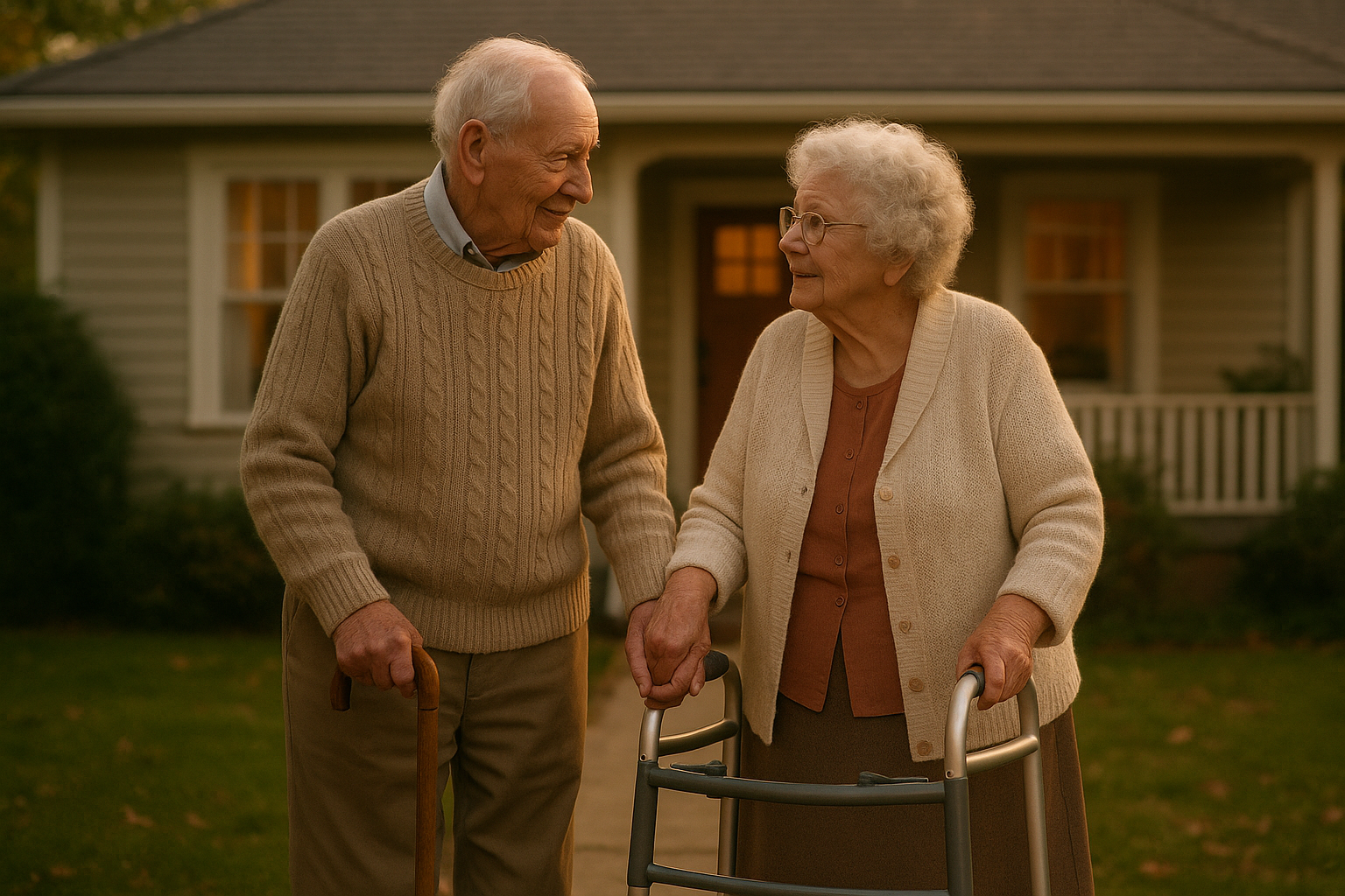 elderly couple with cane and walker holding hands standing in front of their home
