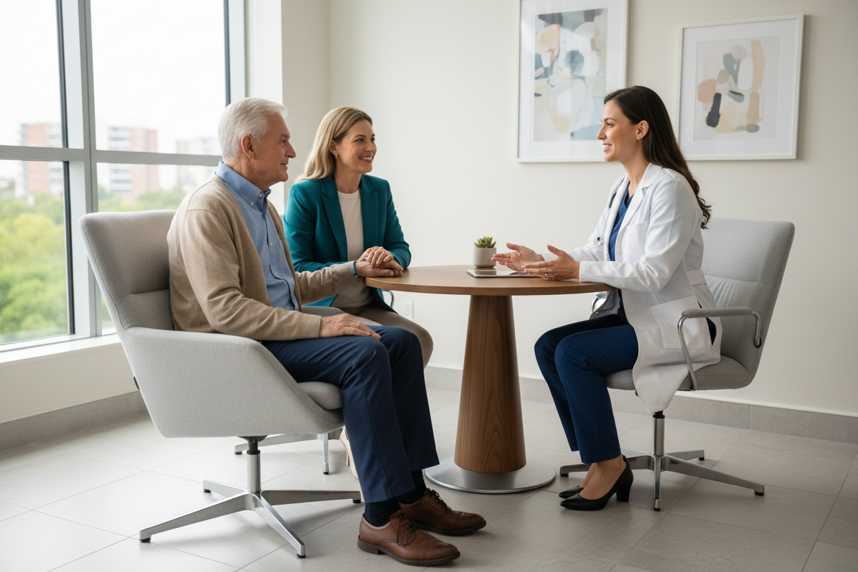 Elderly man at doctor's office with daughter